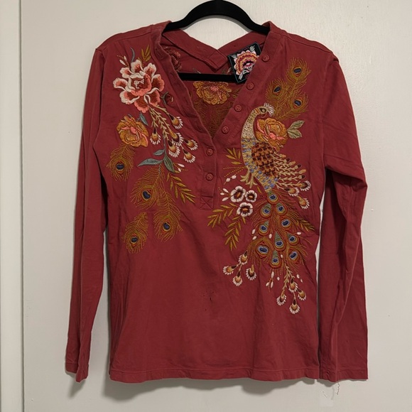 Johnny Was ANANKE BUTTON NECK LONG SLEEVE TEE, Small - FLAWED - Boho Style Tee - Picture 5 of 7